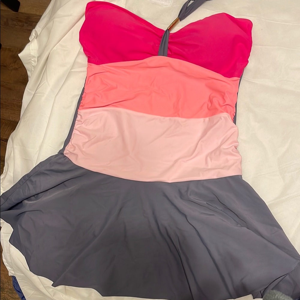 Vibrant Pink and Gray One Piece Swimsuit with Skirted Bottom